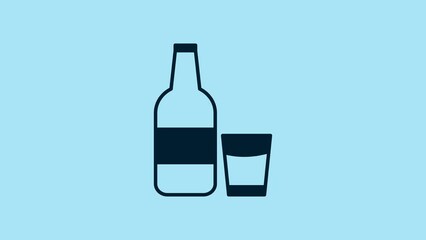 Poster - Blue Closed glass bottle with milk and glass icon isolated on blue background. 4K Video motion graphic animation