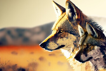 profile of 2 wolves in the Karroo, illustration, vector art