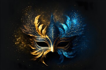 Realistic luxury carnival mask with gold dust, and light. Generative AI.