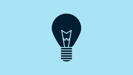 Poster - Blue Light bulb with concept of idea icon isolated on blue background. Energy and idea symbol. Inspiration concept. 4K Video motion graphic animation