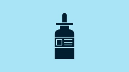 Sticker - Blue Glass bottle with a pipette icon isolated on blue background. Container for medical and cosmetic product. 4K Video motion graphic animation