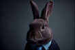 Seriöses realistisches Portrait eines Hasen im Business Anzug mit dunklem Hintergrund