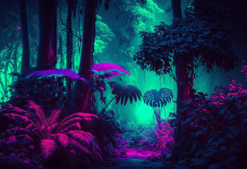 Wall Mural - A Vibrant 3D Neon Jungle: Exploring the AI-Generated Wilderness of Exotic Fauna and Flora