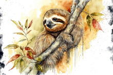 Portrait Of A Sloth In Aquarelle Style, Ai Generated