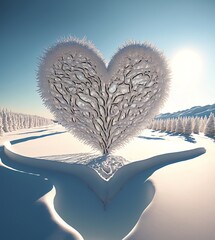 Wall Mural - Winter landscape with snow covered trees and heart. 3D illustration.