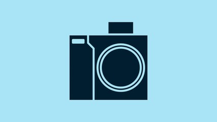 Poster - Blue Photo camera for diver icon isolated on blue background. Foto camera icon. Diving underwater equipment. 4K Video motion graphic animation