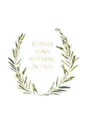  Nature does nothing in vain, watercolor olive greenery inspiration latin quote. Olive frame,  watercolor olive letters sign, poster, printable, frame art, card, print. Botanical living room poster, 