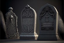 Four Old Gravestones 3D Illustrations. Generative AI