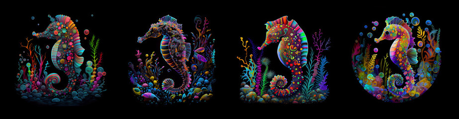 Wall Mural - Beautiful seahorse with corals. Multicolored illustration with black background. AI generative.