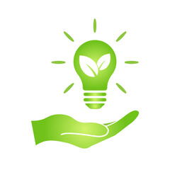 Hand with eco green leaf icon in light bulb Bio nature green eco symbol for web and business