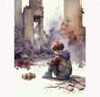 a child cries against the backdrop of a destroyed city due to the war. Generative AI