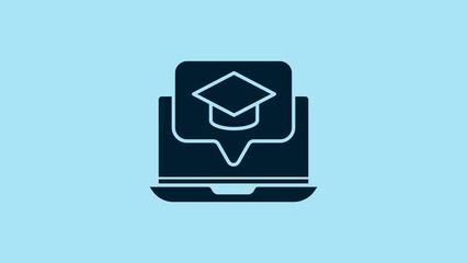 Sticker - Blue Graduation cap on screen laptop icon isolated on blue background. Online learning or e-learning concept. 4K Video motion graphic animation