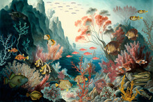 Wallpaper Colorful Fishes And Corals In Vintage Style