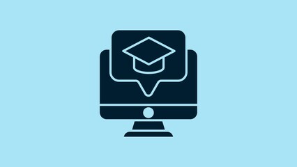 Sticker - Blue Computer monitor with graduation cap icon isolated on blue background. Online learning or e-learning concept. 4K Video motion graphic animation