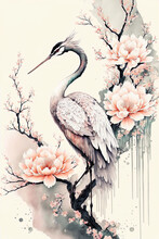 Cranes, Sakura.Flowers, Japanese Bird. Traditional Folk Fashion. Generated AI