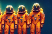 Explorers Wearing Orange Space Suits. Generative AI