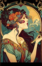 Ad Poster A Beautiful Woman Standing In Front Of A Mirror Putting Lipstick On Poster Alphonse Mucha Style Colorful Modern Modern Art Vector Illustration Vibrant Colors Ad Advertising Poster Stylized 