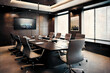 © FRAMEWORK - A modern board room with a large conference table at its center, surrounded by comfortable chairs. The walls are adorned with high-tech presentation screens and the latest audio-visual equipment.