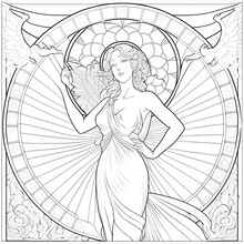Black And White Image For Coloring Line Art Of Beautiful Occult Sashiko Pattern Full Figure Style Of Alphonse Mucha David Zapora Stained Glass Window As A Coloring Book Page For Adults Clean Simple 