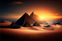  Egyptian Pyramids In Desert With Evening Sunset. Generative AI