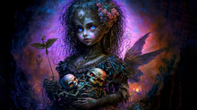 Terrifying Horror Girl Doll With Skeleton And Zombie. Halloween Concept. Mystical Nightmare Concept. Beautiful And Spooky Doll With Blue Eyes. Generative Ai