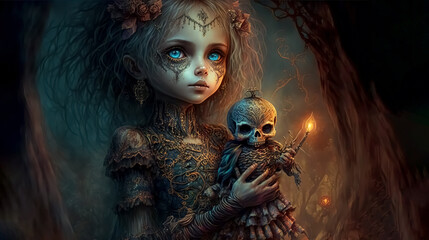 Terrifying horror girl doll with skeleton and zombie. halloween concept. Mystical nightmare concept. Beautiful and spooky doll with Blue eyes. generative ai