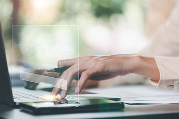 Businessman searching for business information through virtual screen,Searching for information he is interested in through online websites,keyword search ideas to find references,insight research