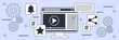 Live streaming, video blogging, internet journalism flat contour style vector concept illustration