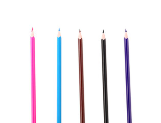 Set of colorful pencils on white background, top view