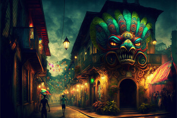 cinematic brazilian street decorated with carnival theme