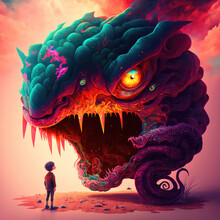 Generative AI Colorful Floating Monster And A Small Child Or Human On A Pink Cloud Landscape