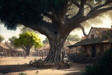 Traditional House In The Village Under A Tree. Genarative Ai