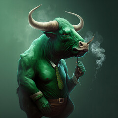 Green bull on two legs with a cigar in his mouth