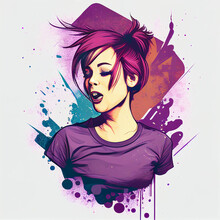 Purple Haired Girl With Splashes Of Vector Paint. AI Illustration.
