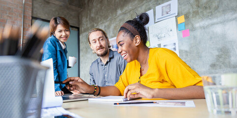 Portrait of young happy fun designer give ideas project to partners conference room. Business people discuss business project office. Technology communicate brainstorm teamwork synergy together 