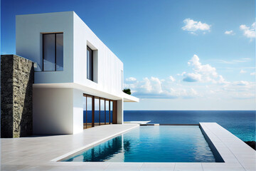 a beautiful residential villa. modern architecture with swimming pool and sea view. generative ai il