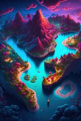 Vibrant Mountain City: An Ethereal Landscape of Clouds, Water, and Forest Paths