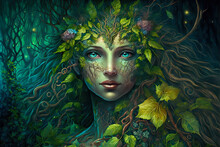Beautiful Dryad Goddess In Forest. Dryad Goddess Merging With A Magical Forest.  Post-processed Generative AI	