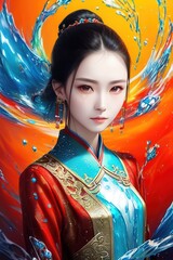 Wall Mural - Half body shot of a beautiful chinese woman with Fire and water in background.generative Ai.