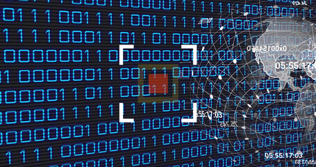 Wall Mural - image of globe and binary code on black background