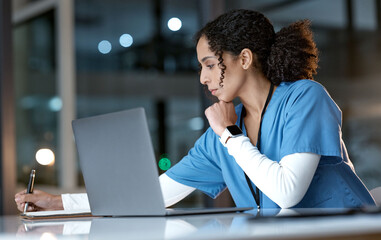 Leinwandbilder - Doctor, laptop and writing notes at night thinking about healthcare solution, idea or planning at hospital. Woman medical nurse working late in focus with notebook and computer for research at clinic