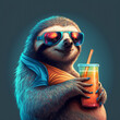 laid-back sloth wearing sunglasses and a t-shirt with a tropical print