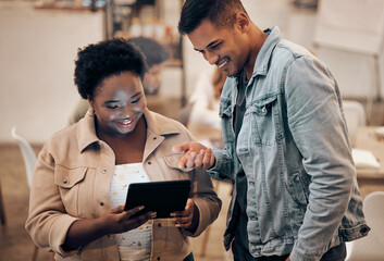 Leinwandbilder - Business, man and black woman with tablet, social media and connection for website, conversation and modern office. Company, African American female and Latino male online reading or digital planning