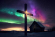 Wooden cross on the background of the Northern lights. Generative AI