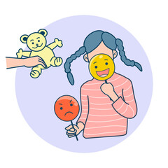 a young girl in a red dress and holds masks with different emotions. she is tired of the fact that c