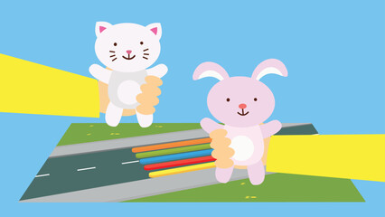 Wall Mural - Toy kitten and hare on the background of a pedestrian crossing