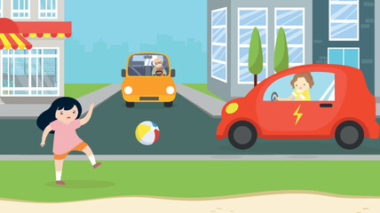 Poster - Girl playing ball at the crossroads with cars in the city