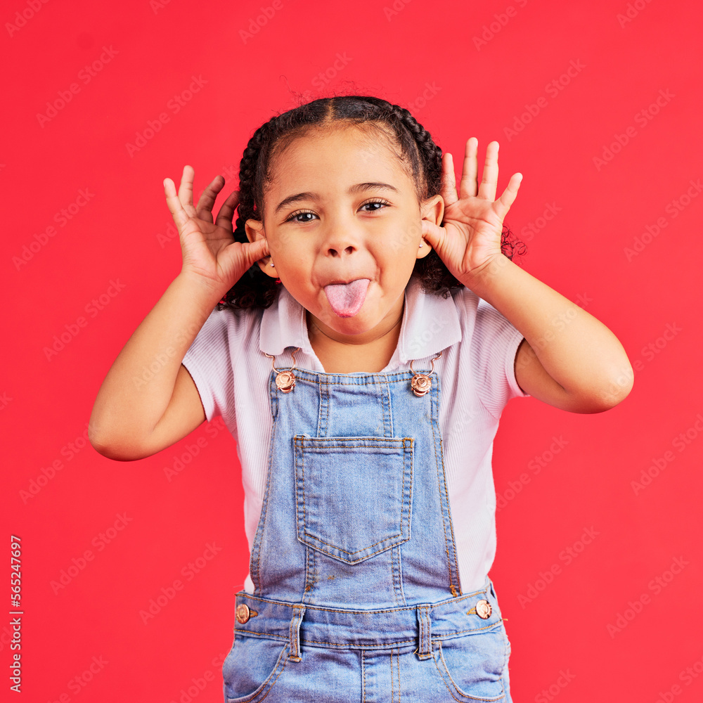 Child, portrait and tongue out on isolated red background in goofy, silly  games and playful facial, image size:1000x1000