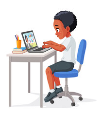 Wall Mural - Cute little African school kid studying with laptop. Cartoon vector illustration.