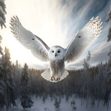 Hedwig Th Owl Of Harry Potter Is Flying High Above A White Snowy Forest Landscape Photography Hyperreal 4k Cinematic 